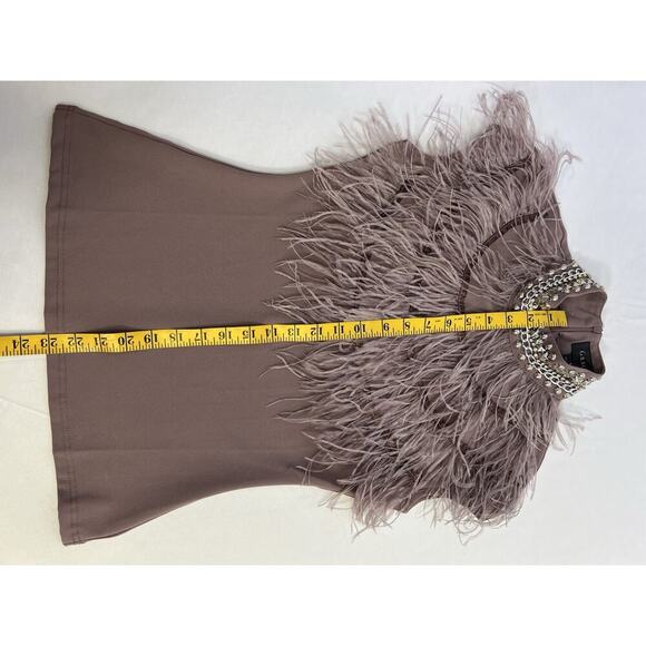 Gracia Taupe Stretch Short Sleeve Blouse with Ostrich Feather Trim Women’s S - Picture 9 of 12